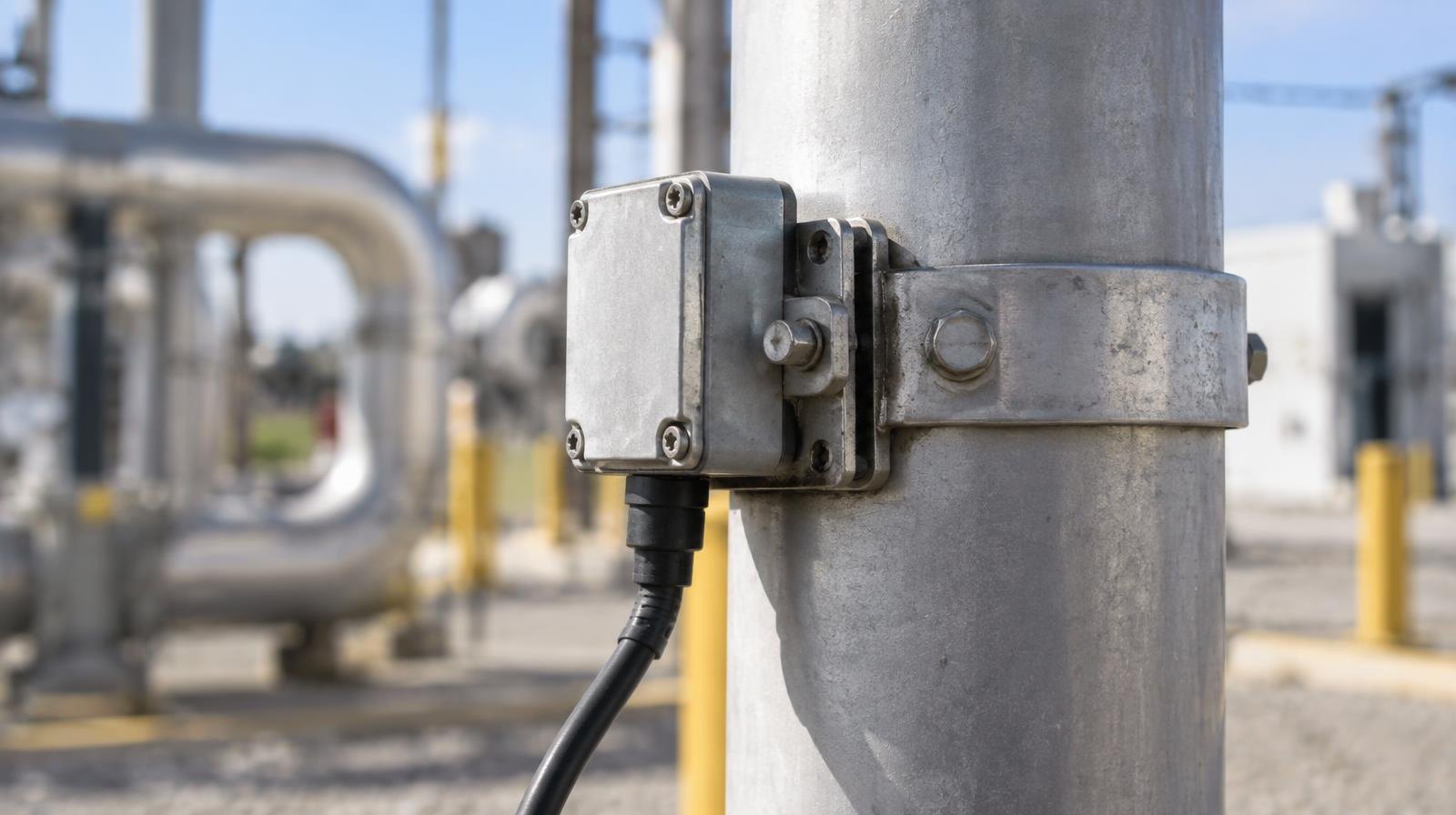 Close-up of a metal pipe with an anti-corrosion electrode device clamped to it.