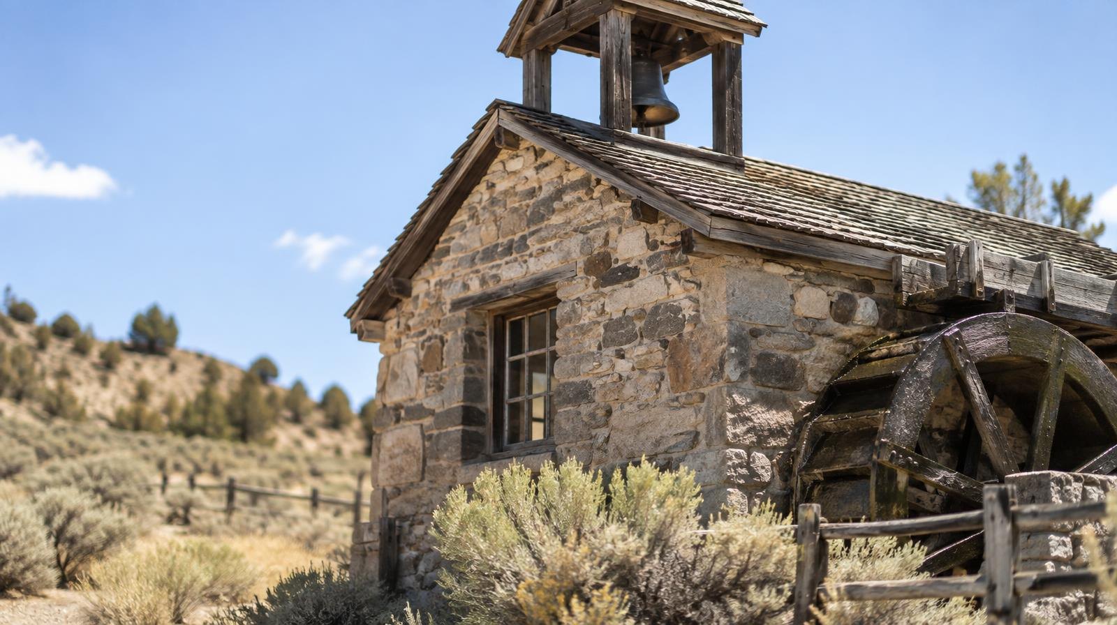 Weathered stone mill building with a wooden bell tower amid dry vegetation.