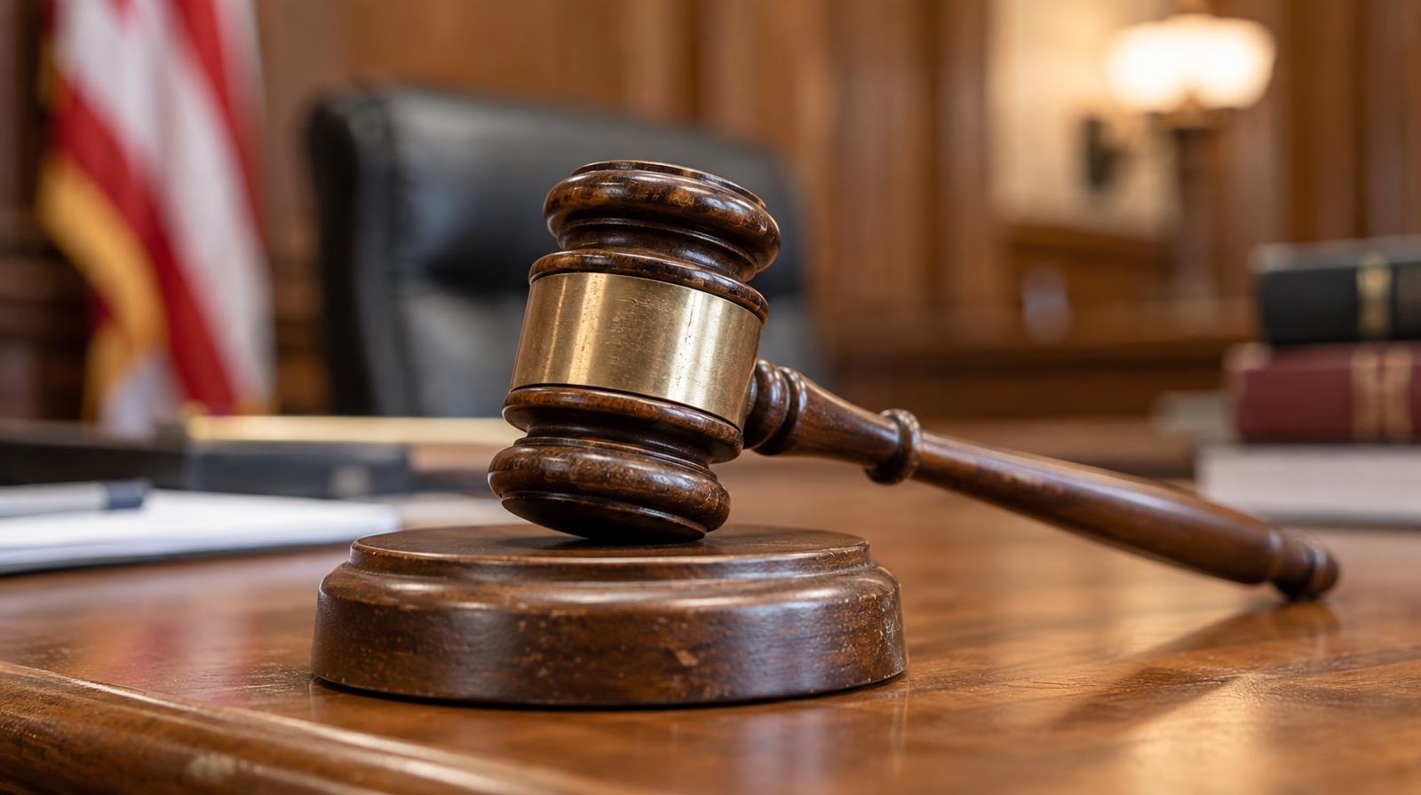 A wooden judge's gavel resting on its sound block.