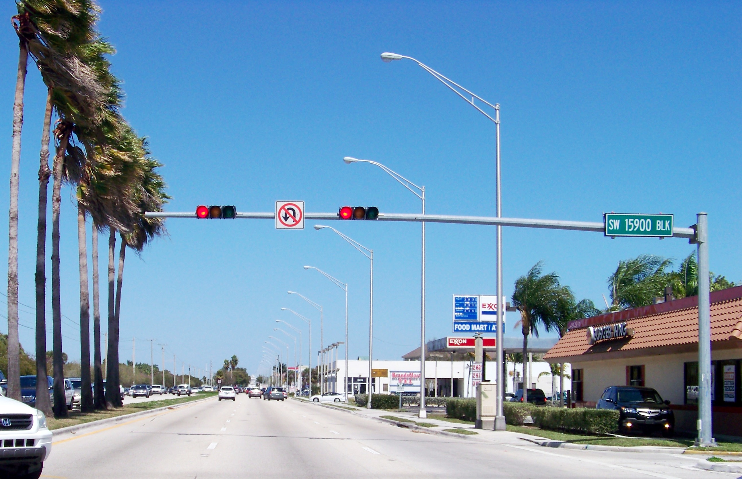 A multi-lane road with palm trees and traffic lights in Palmetto Bay, Florida.