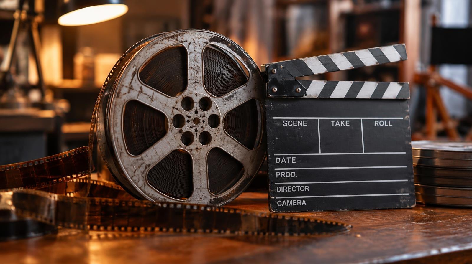 A vintage film reel and clapperboard resting on a wooden surface.
