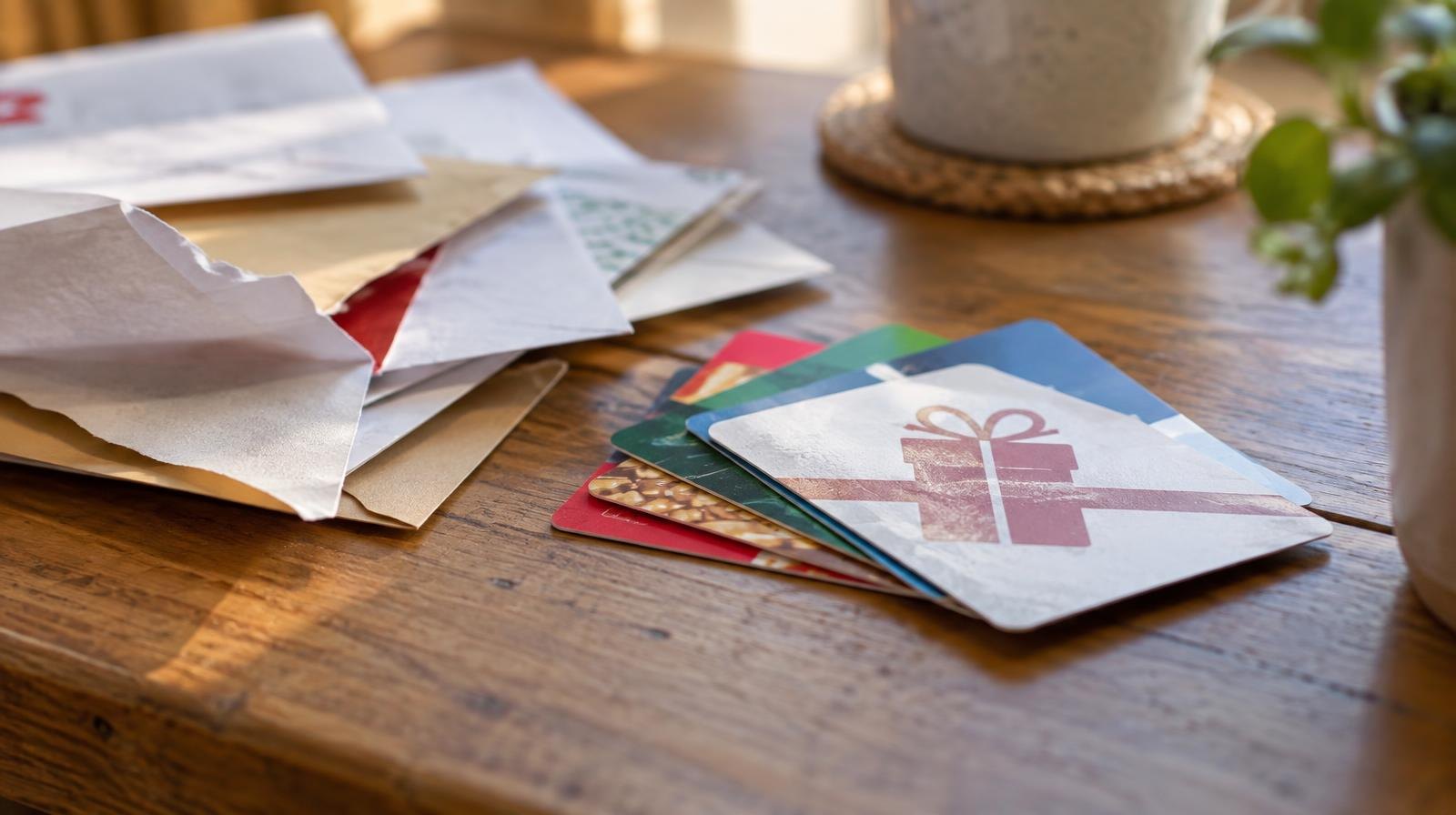 Colorful gift cards fanned out next to a pile of opened envelopes on a wooden surface.