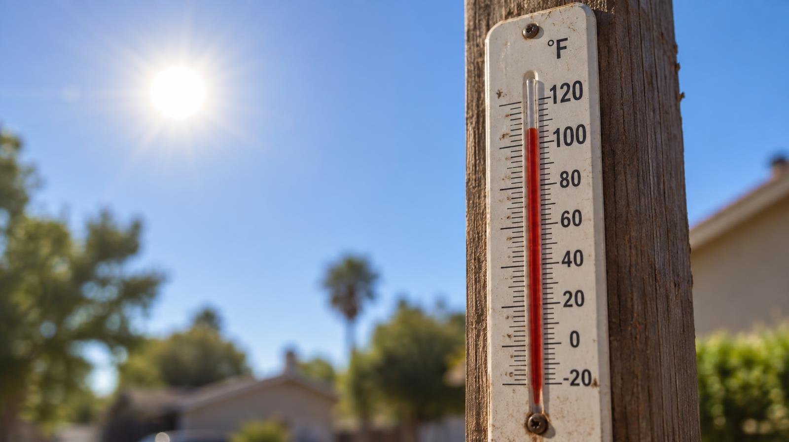 Outdoor thermometer on a wooden post showing a high temperature under a bright sun.
