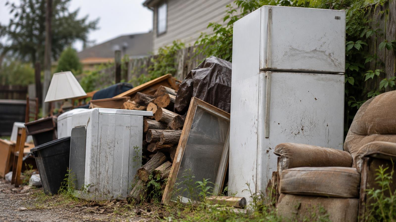 Cluttered yard with old appliances, stacked wood, and discarded furniture.