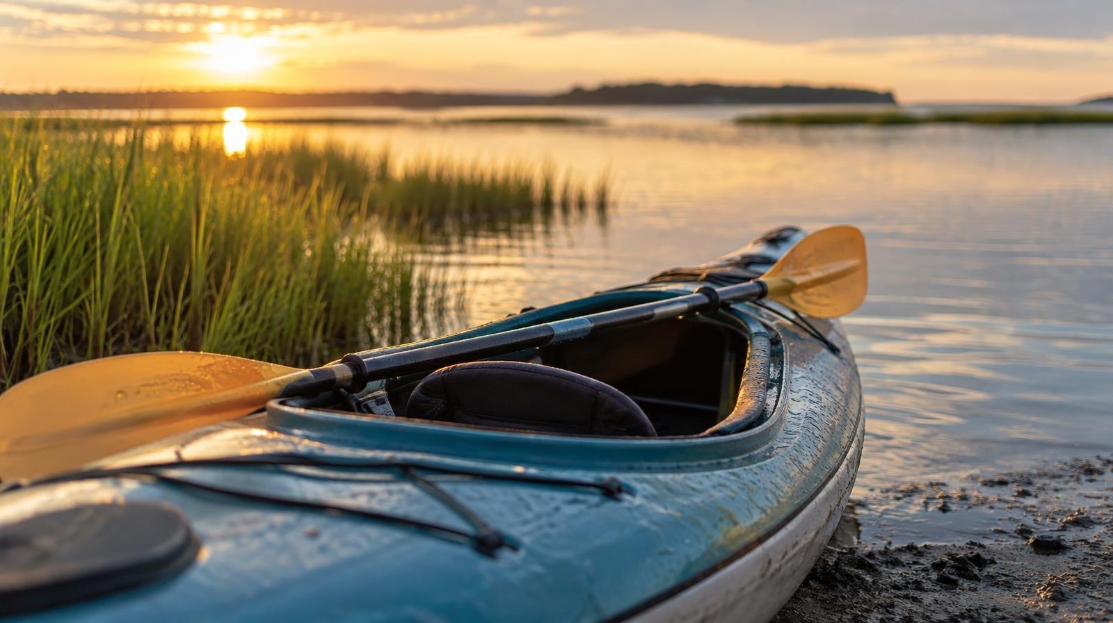 A sea kayak resting at the edge of calm coastal water with marsh grass behind it.