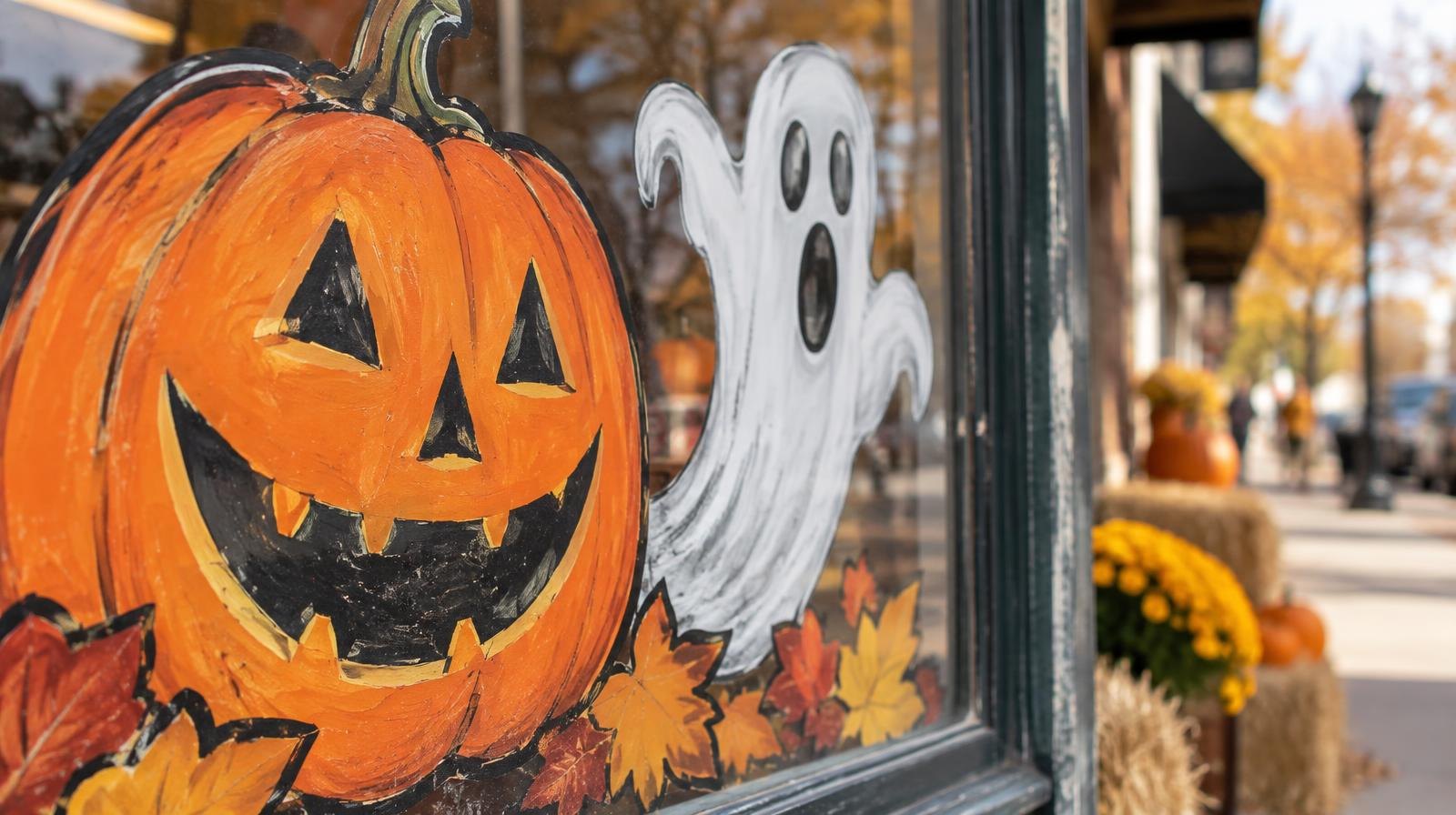 Halloween jack-o'-lantern and ghost painted on a glass storefront window.