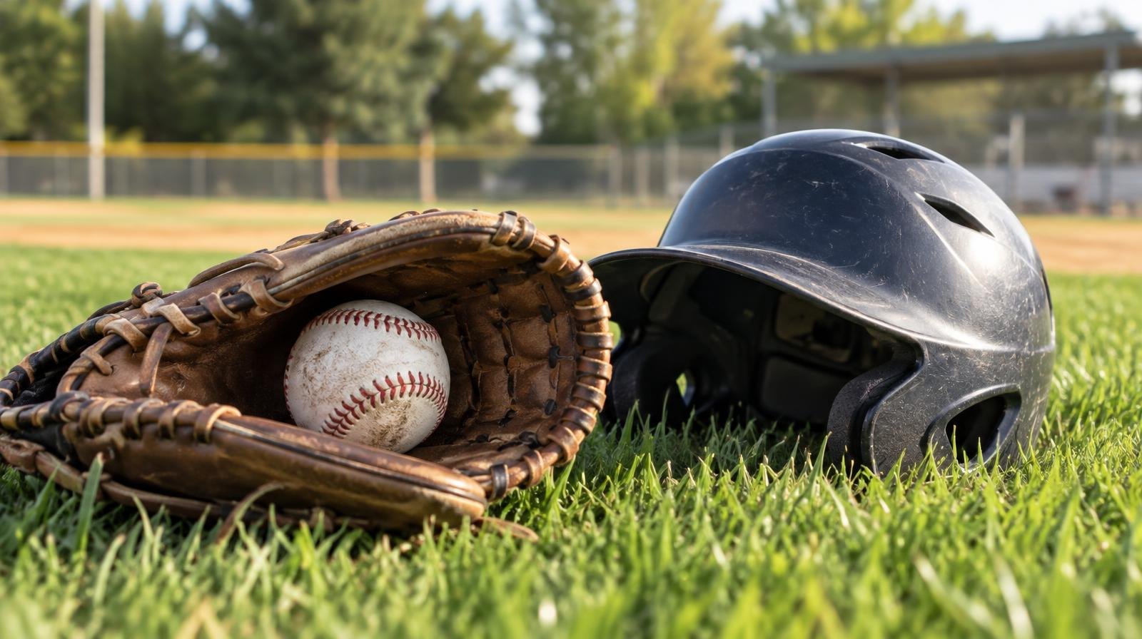 Baseball glove, ball, and batting helmet on green grass in sunlight.