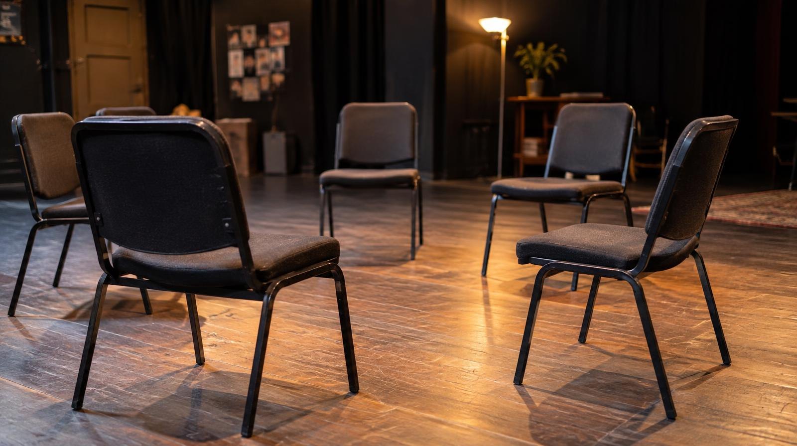Empty stage with chairs in a circle lit by warm overhead spotlights.
