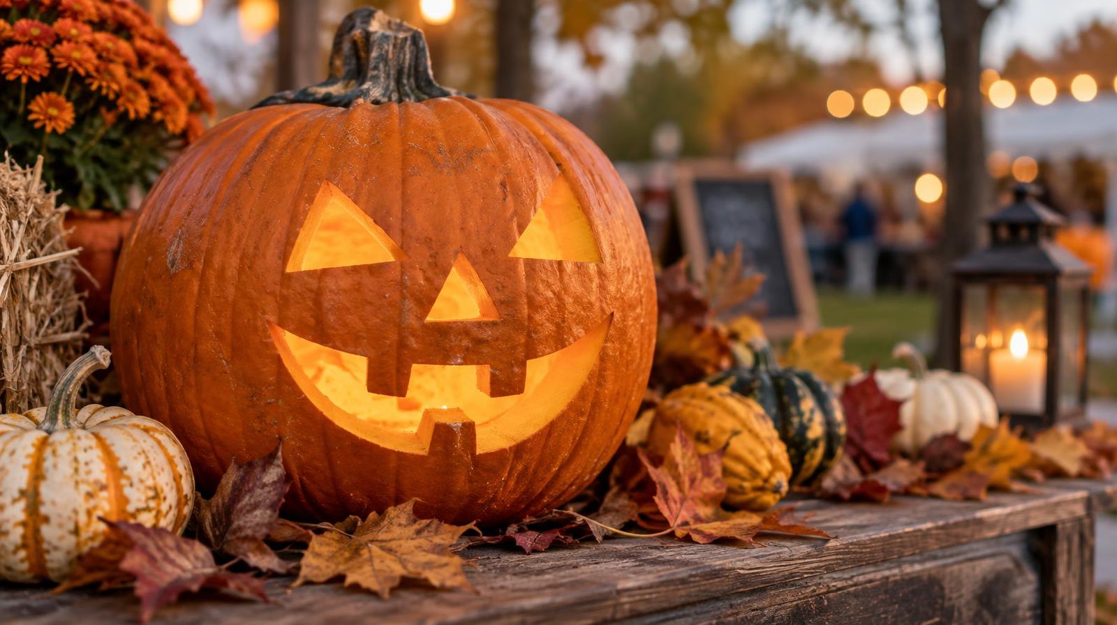 A glowing carved orange pumpkin surrounded by autumn leaves and small gourds.