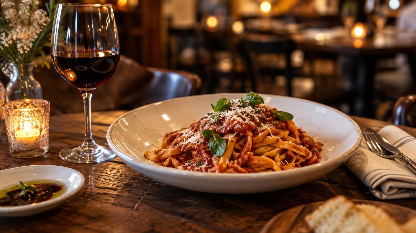 Plate of pasta with red sauce and a glass of red wine on a wooden table.