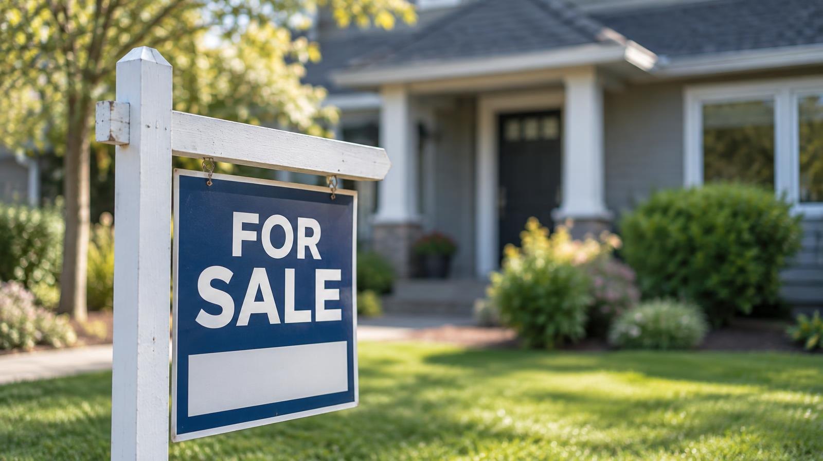 A For Sale sign planted in a green front lawn outside a single-family house.