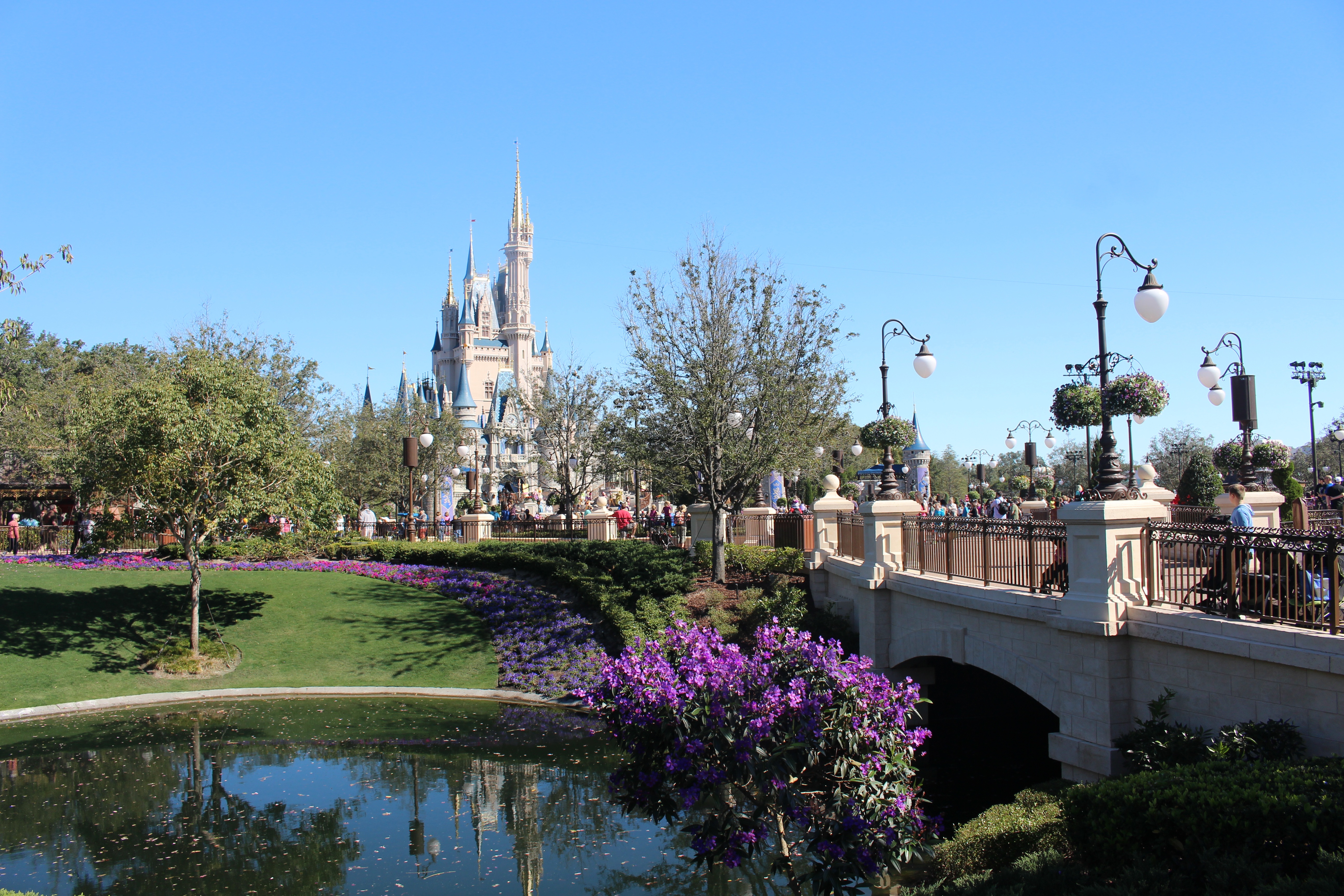 Cinderella Castle viewed from a garden path with a stone bridge and purple flowering shrubs.