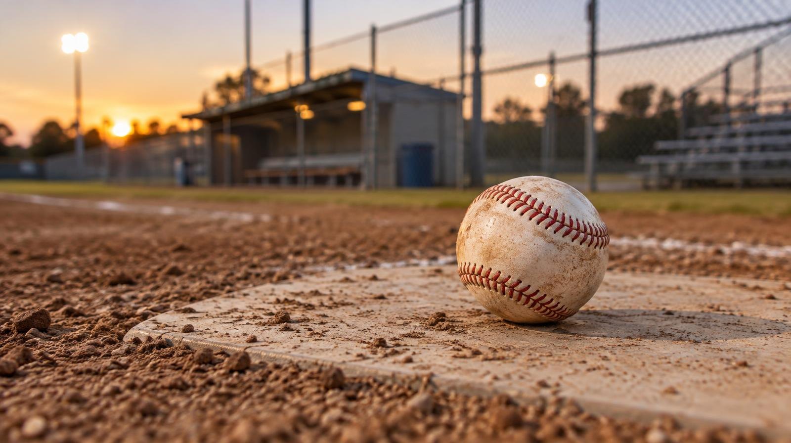 A baseball resting on home plate at a community baseball field at night.
