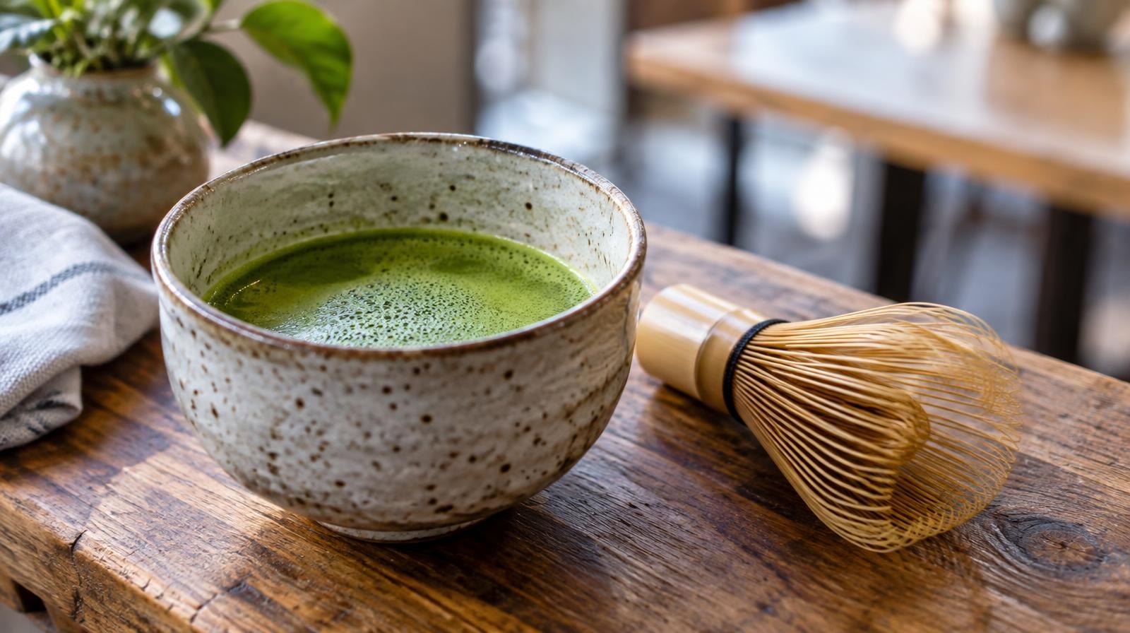 Ceramic bowl of bright green matcha tea with a bamboo whisk on a wooden surface.