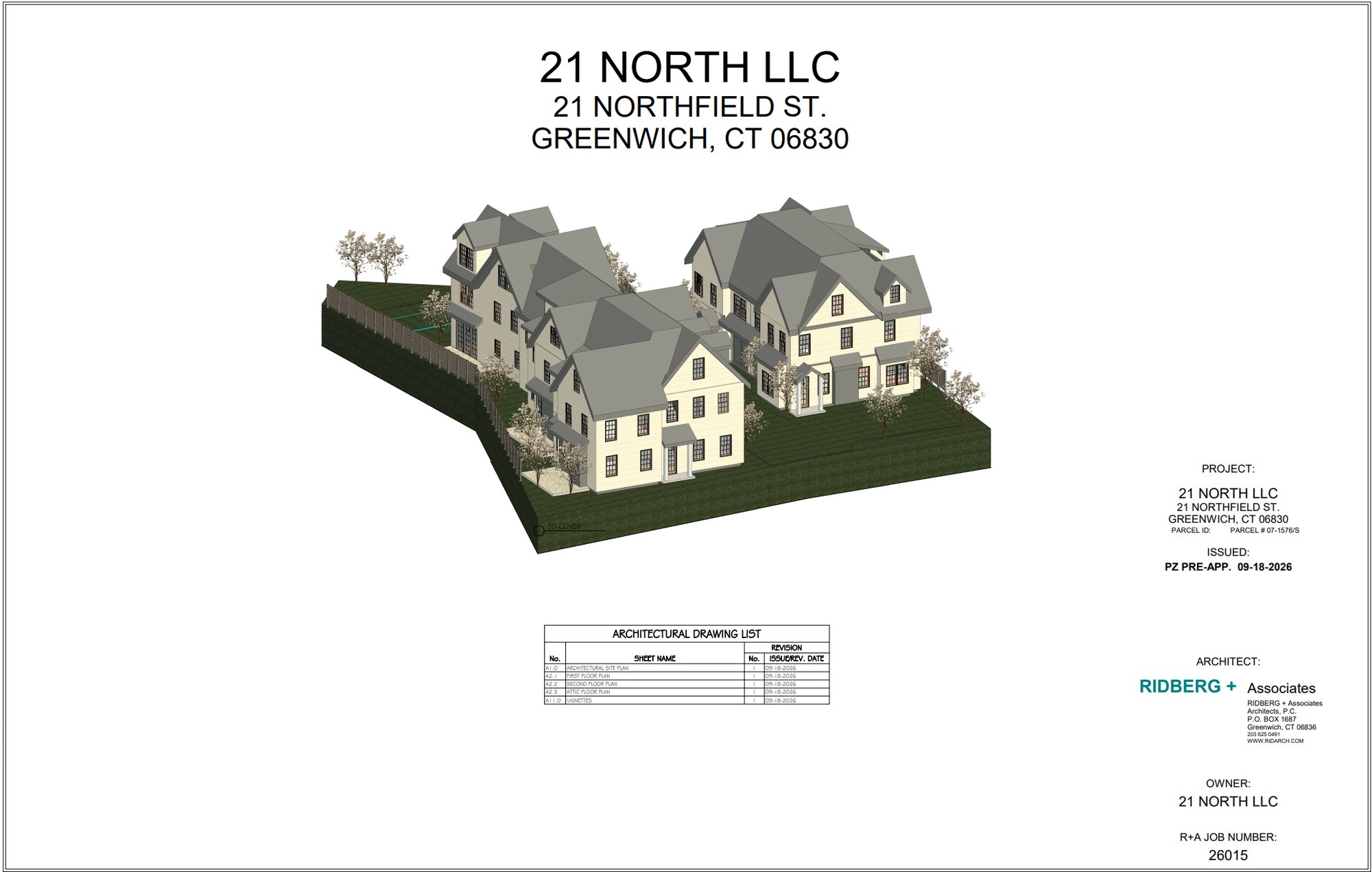 Architectural rendering of two proposed multi-story residential buildings on a sloped lot.