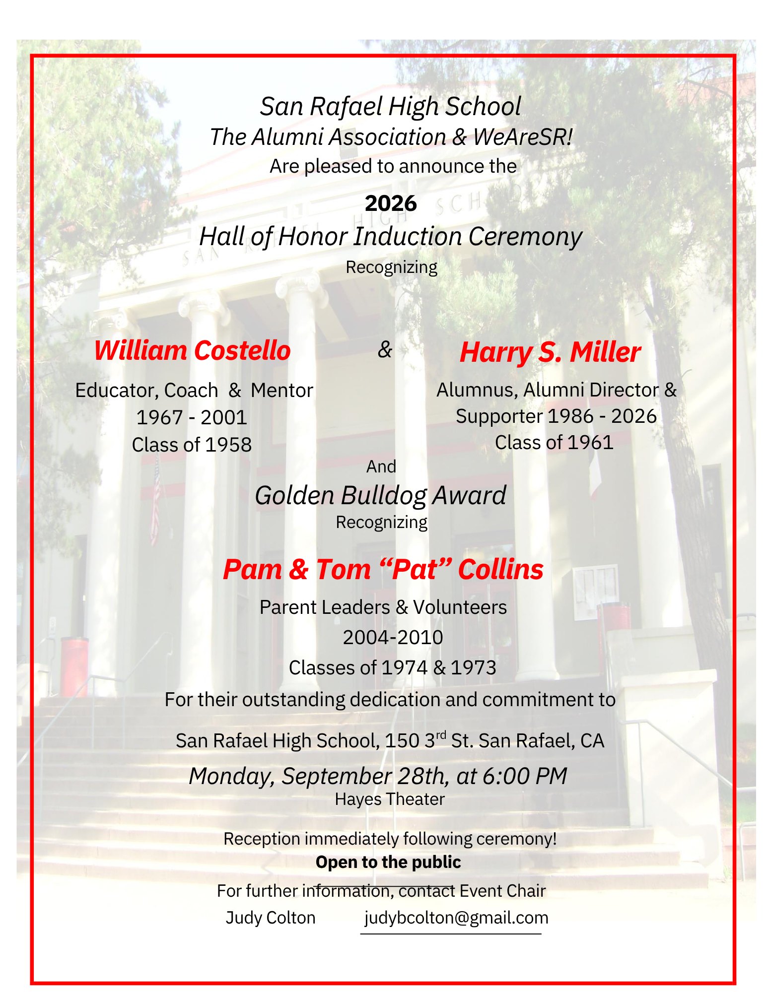 Printed flyer listing Hall of Honor honorees with event date, time, and location.