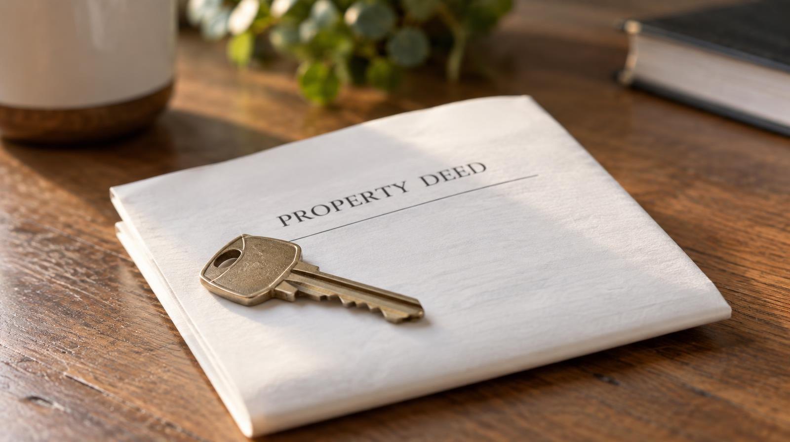 A metal house key resting on a folded document on a wooden desk.