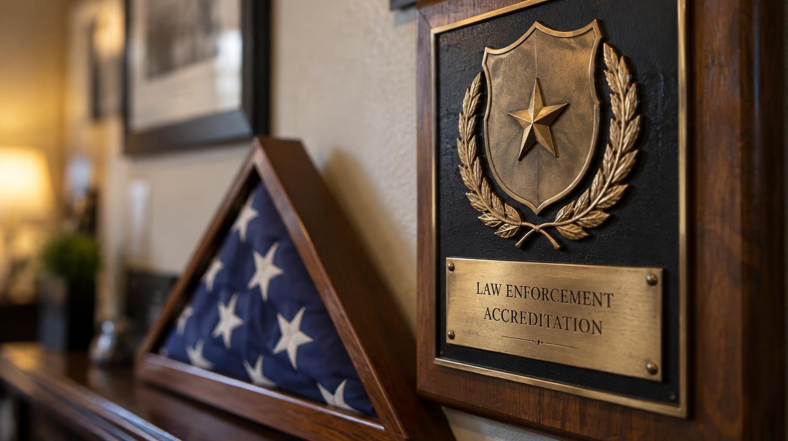 A polished accreditation plaque mounted on a wall beside a folded American flag in a display case.