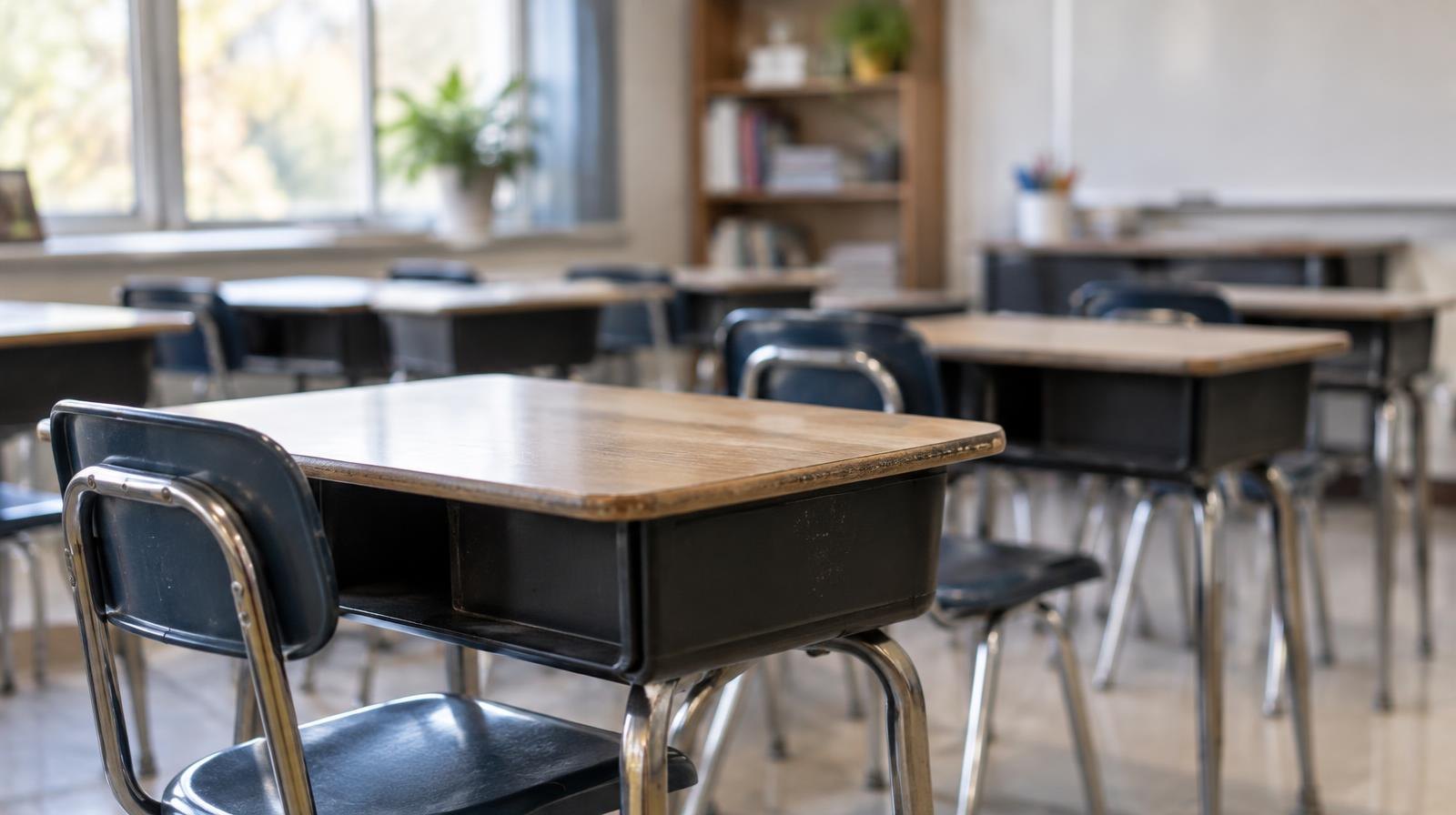 Rows of empty wooden student desks in a bright, sunlit classroom.