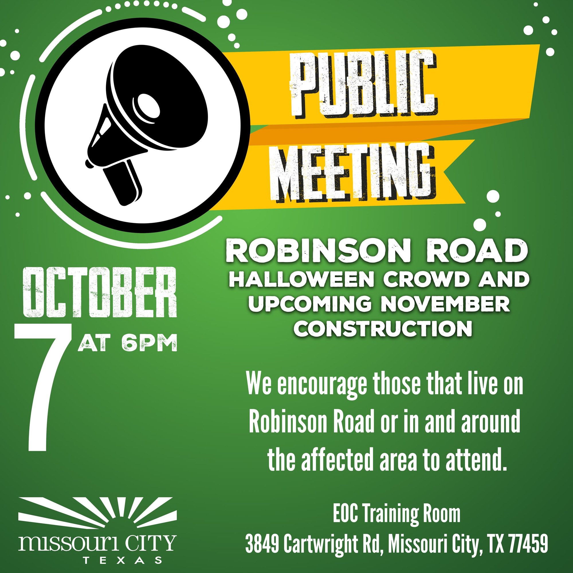 Green public meeting flyer with megaphone graphic announcing a Robinson Road community meeting.