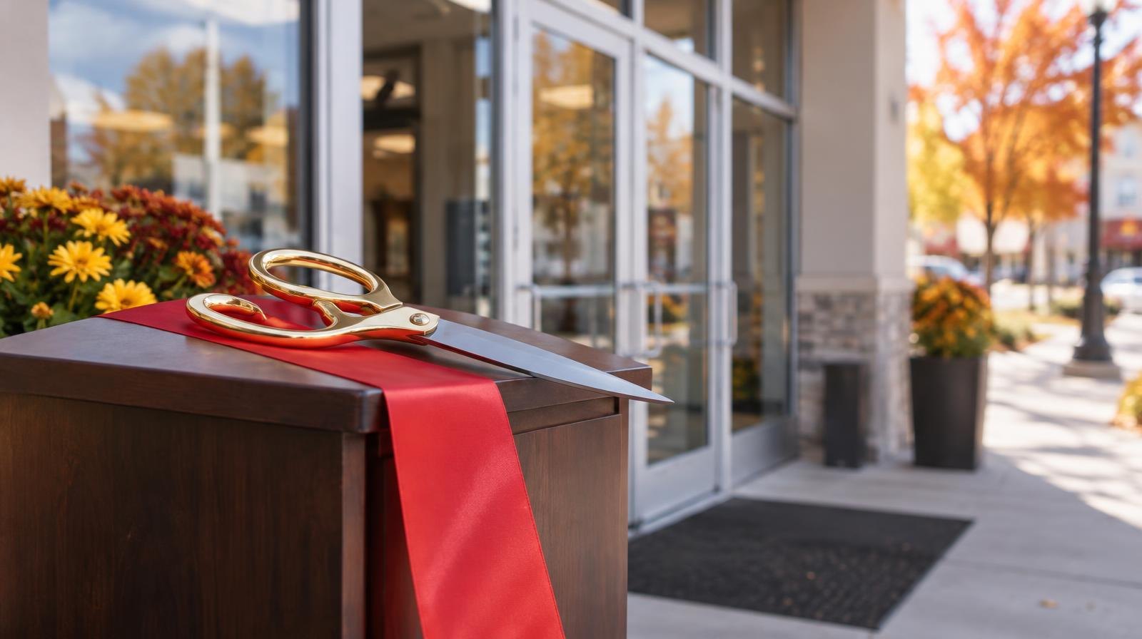 Glass-door bank branch entrance with ribbon-cutting scissors on a podium outside.