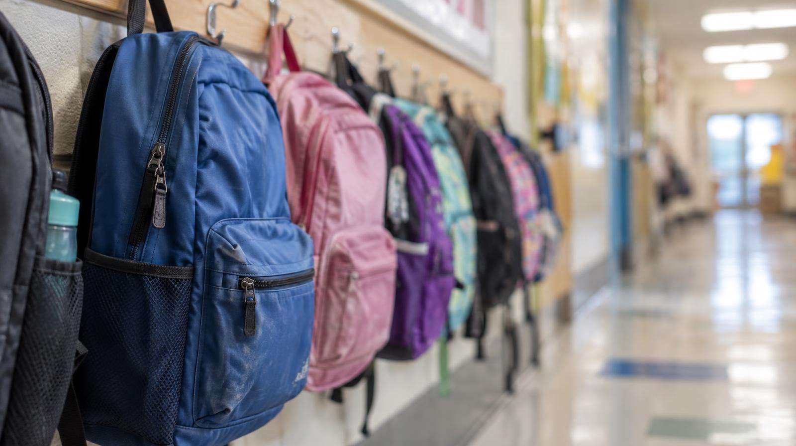 Colorful student backpacks hanging on hooks along a school corridor wall.