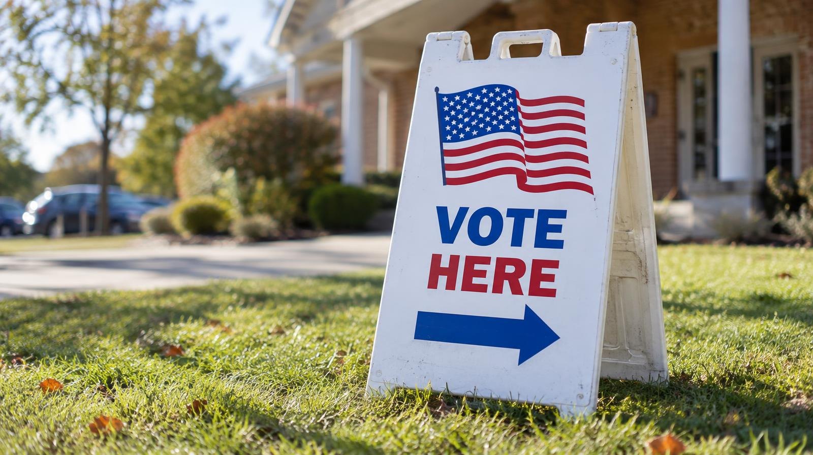 White Vote Here A-frame sign with an American flag graphic on a grassy lawn.