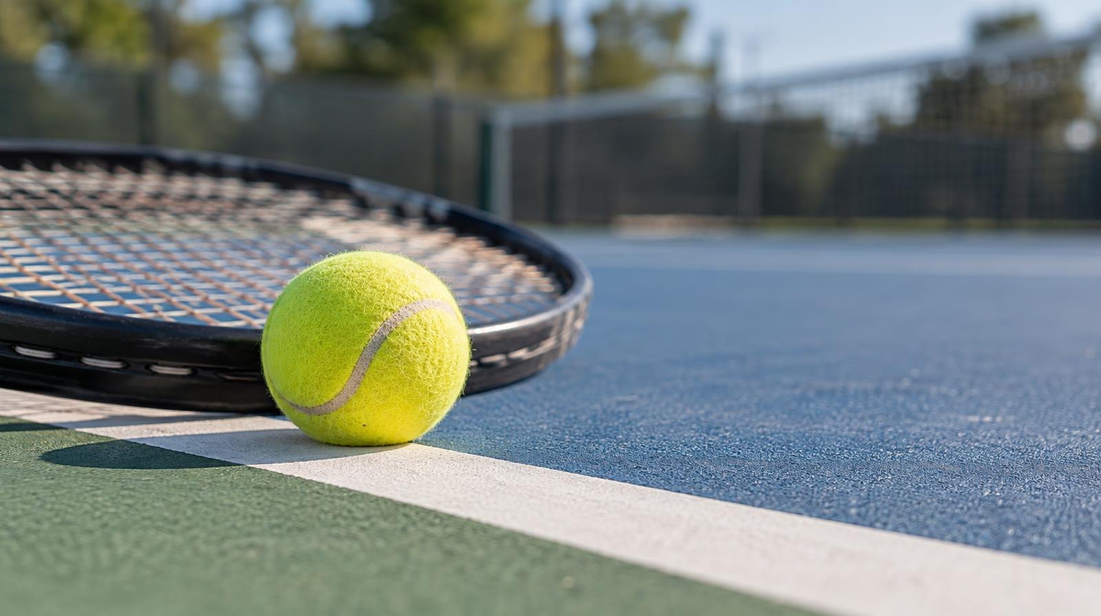 Yellow tennis ball and racket resting on the baseline of an outdoor hard court.