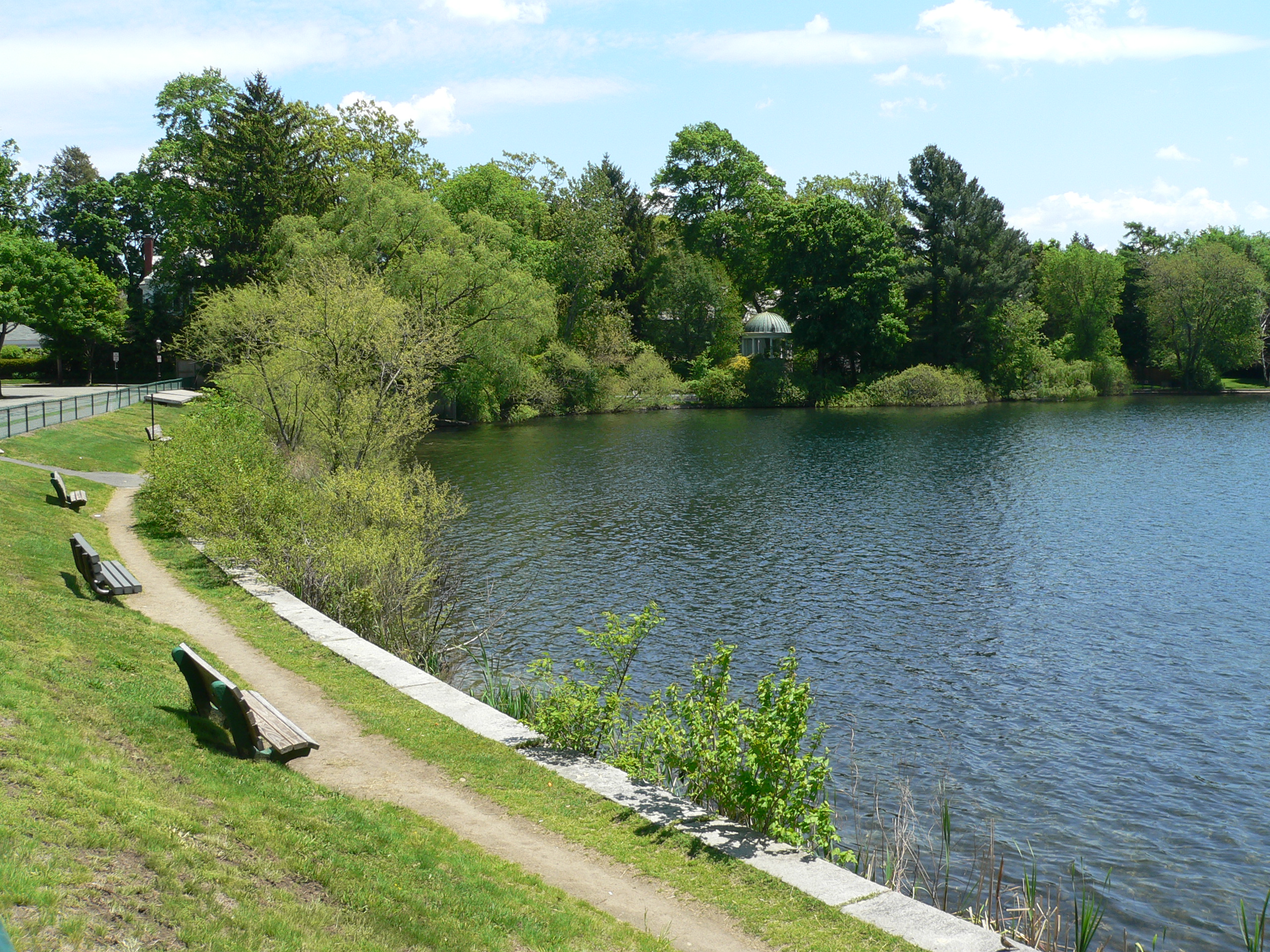 A paved lakeside path with wooden benches and dense trees reflected in calm water.