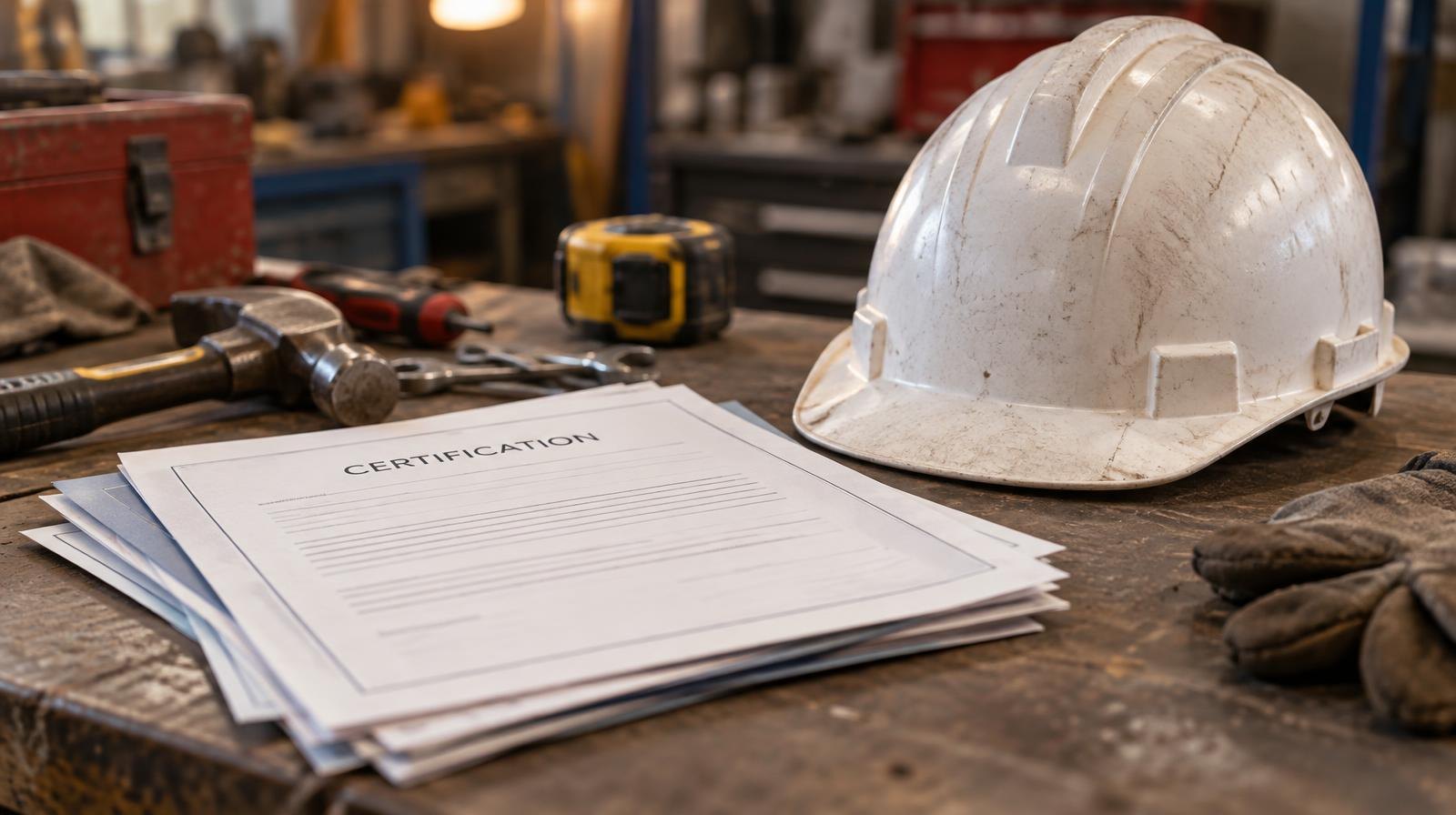 Hard hat and technical tools on a workshop workbench.