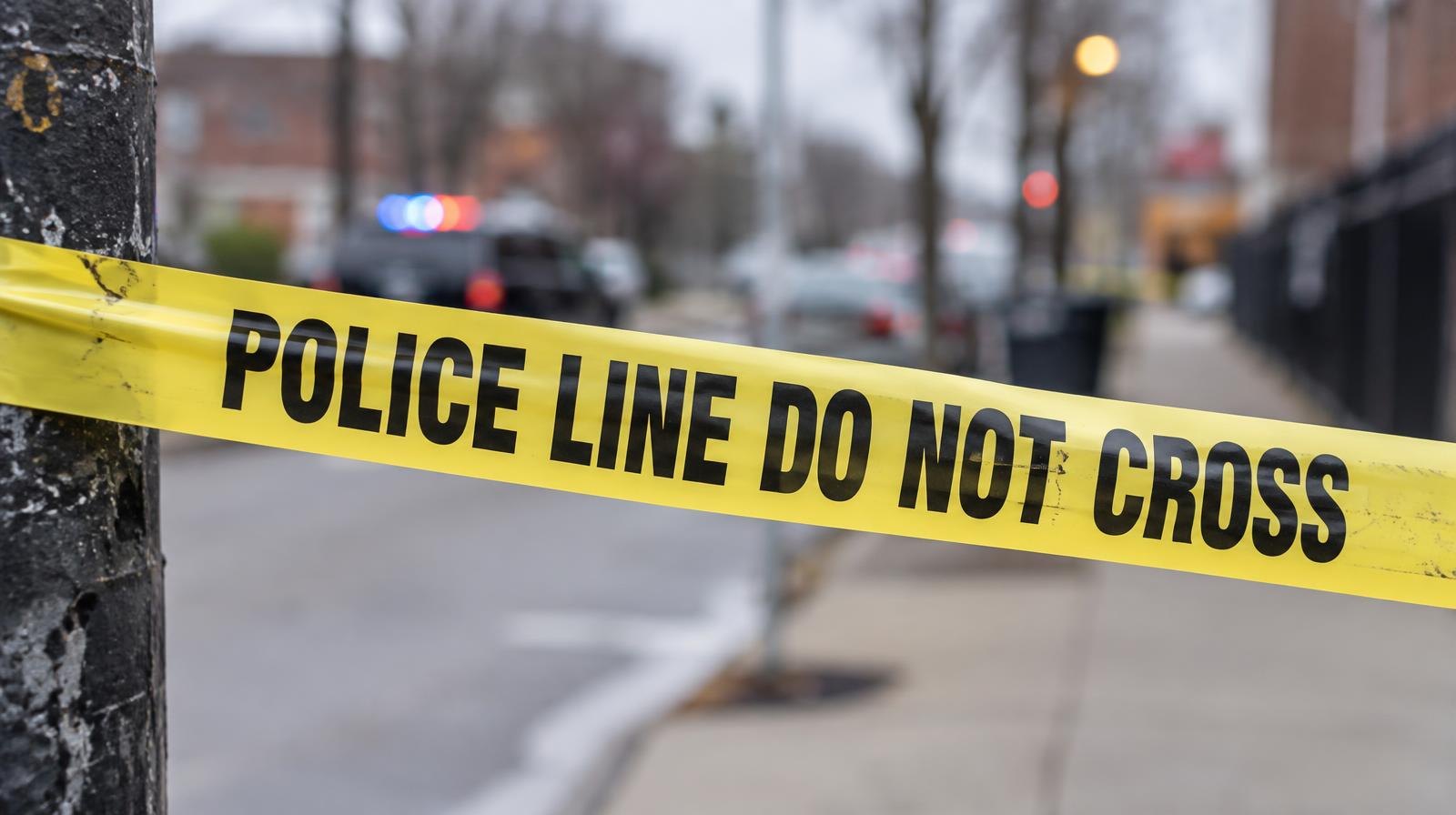 Yellow police crime scene tape stretched across an urban street.