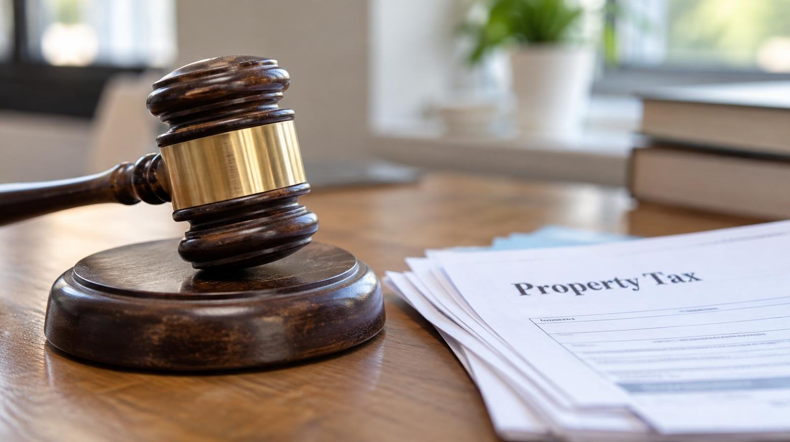 A wooden gavel resting on its sound block on a desk.