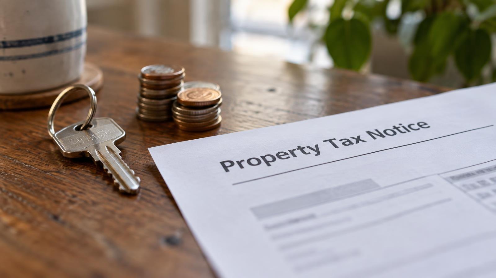 A house key and stack of coins rest on a wooden table beside papers.