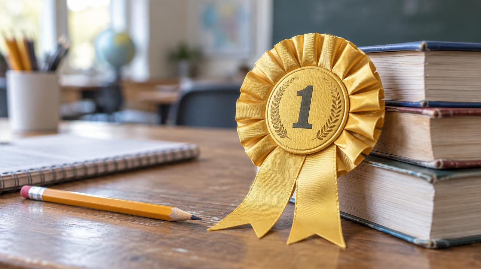 Gold number-one award rosette on a wooden desk beside stacked textbooks and a pencil.
