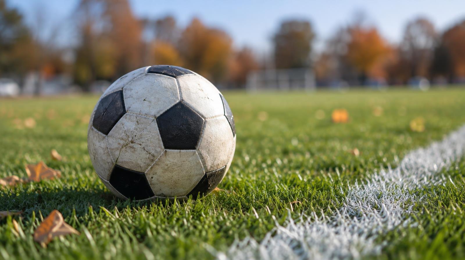 A black-and-white soccer ball resting on green grass beside a white painted line.