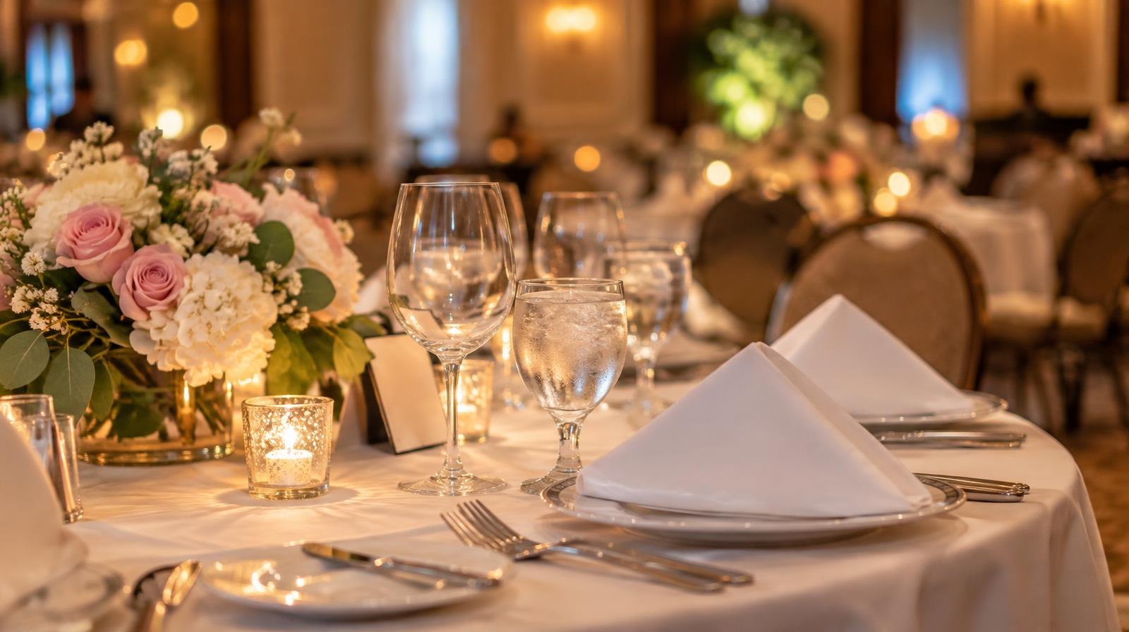 Elegant banquet table with white tablecloth, wine glasses, and a floral centerpiece.