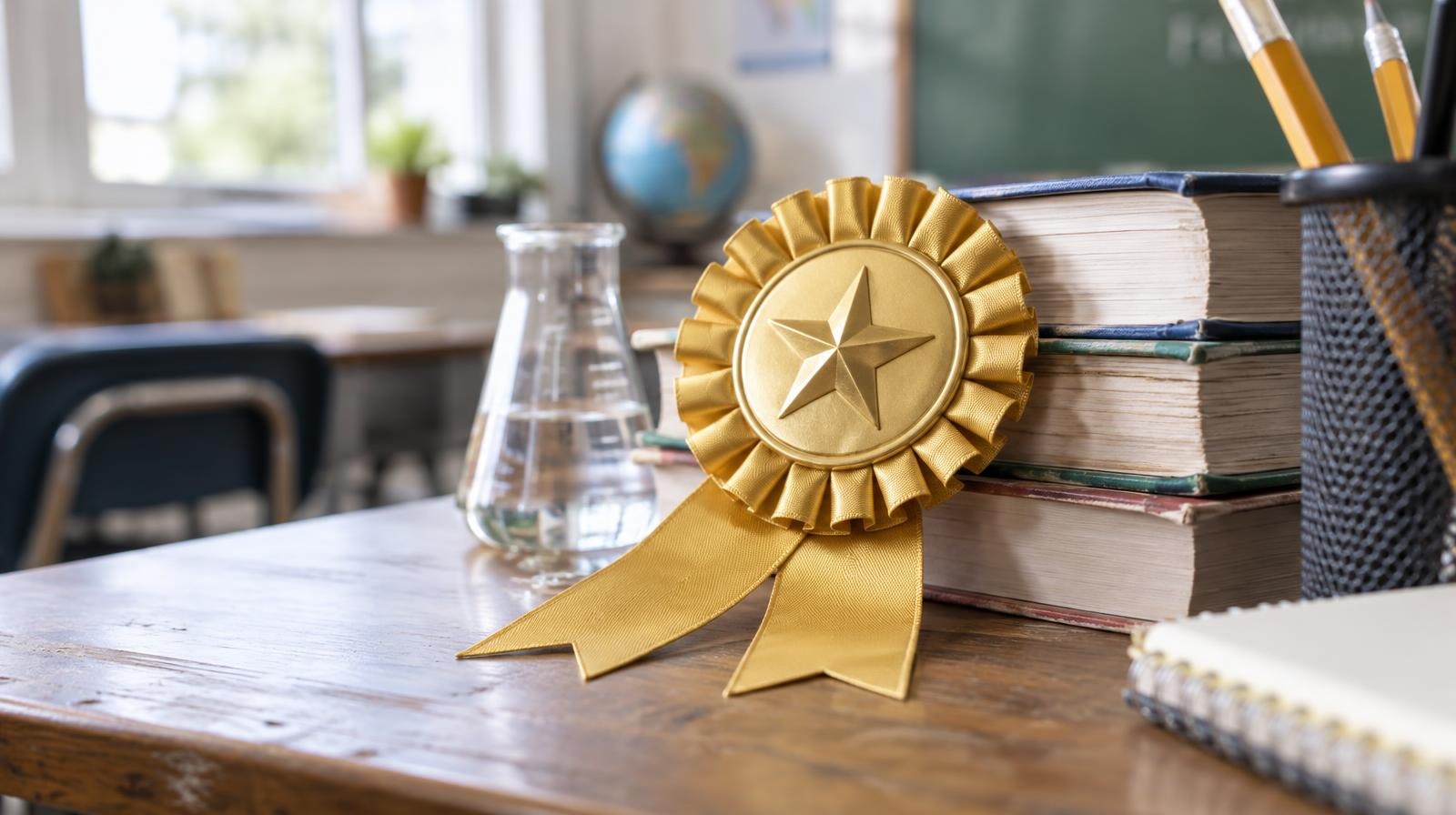 Gold five-star ribbon on a wooden desk beside stacked textbooks and a glass beaker.