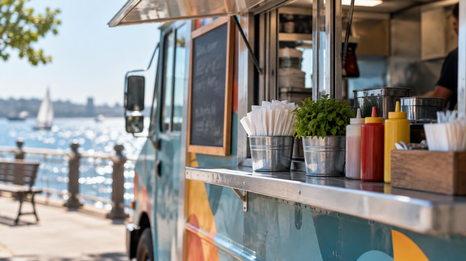 A food truck with its service window open parked on a sunny waterfront promenade.