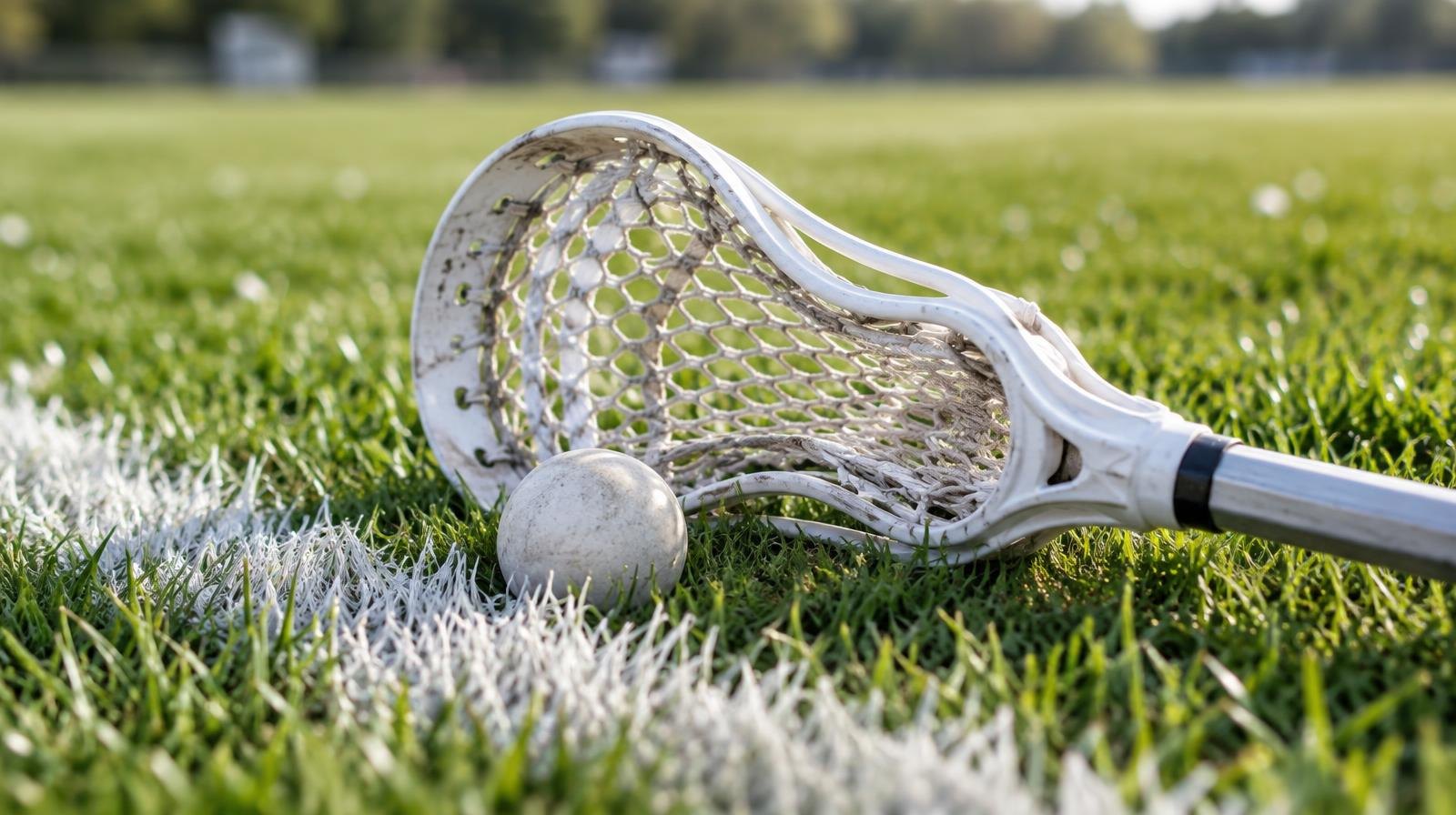 A lacrosse stick and ball resting on green grass beside a white field line.