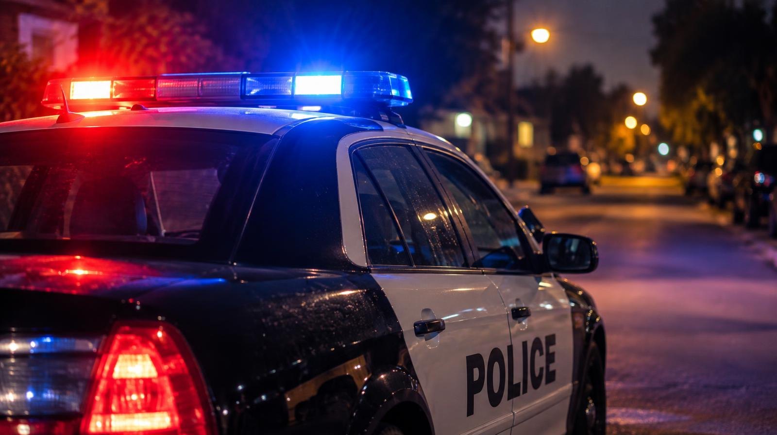 Police patrol car with red and blue roof lights flashing on a dark street.