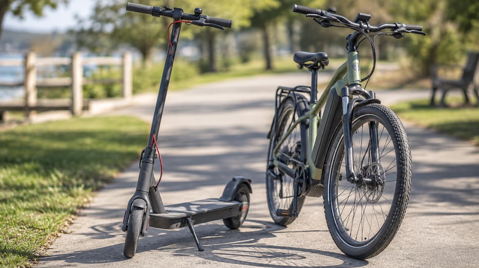 An electric scooter and an electric bicycle parked side by side on a paved path.