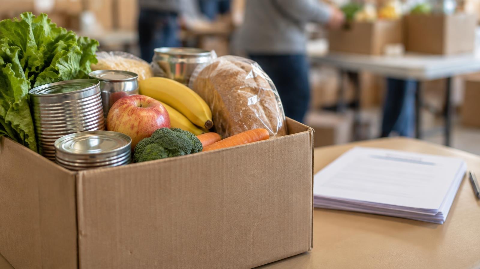 A cardboard box filled with canned goods, fresh produce, and bread on a table.
