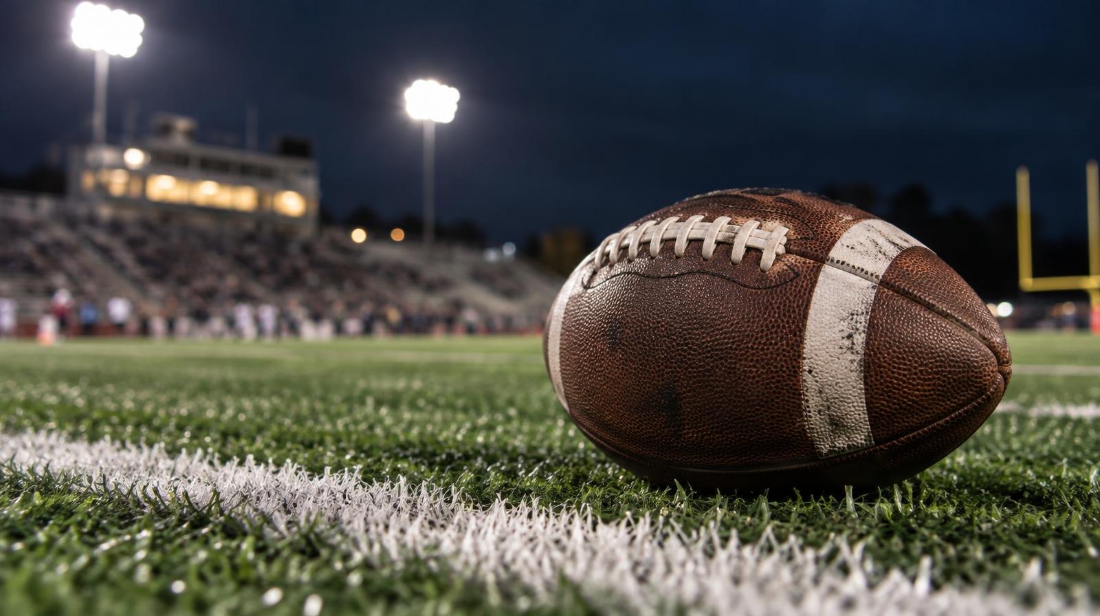An American football resting on green artificial turf beside a white yard line at night.