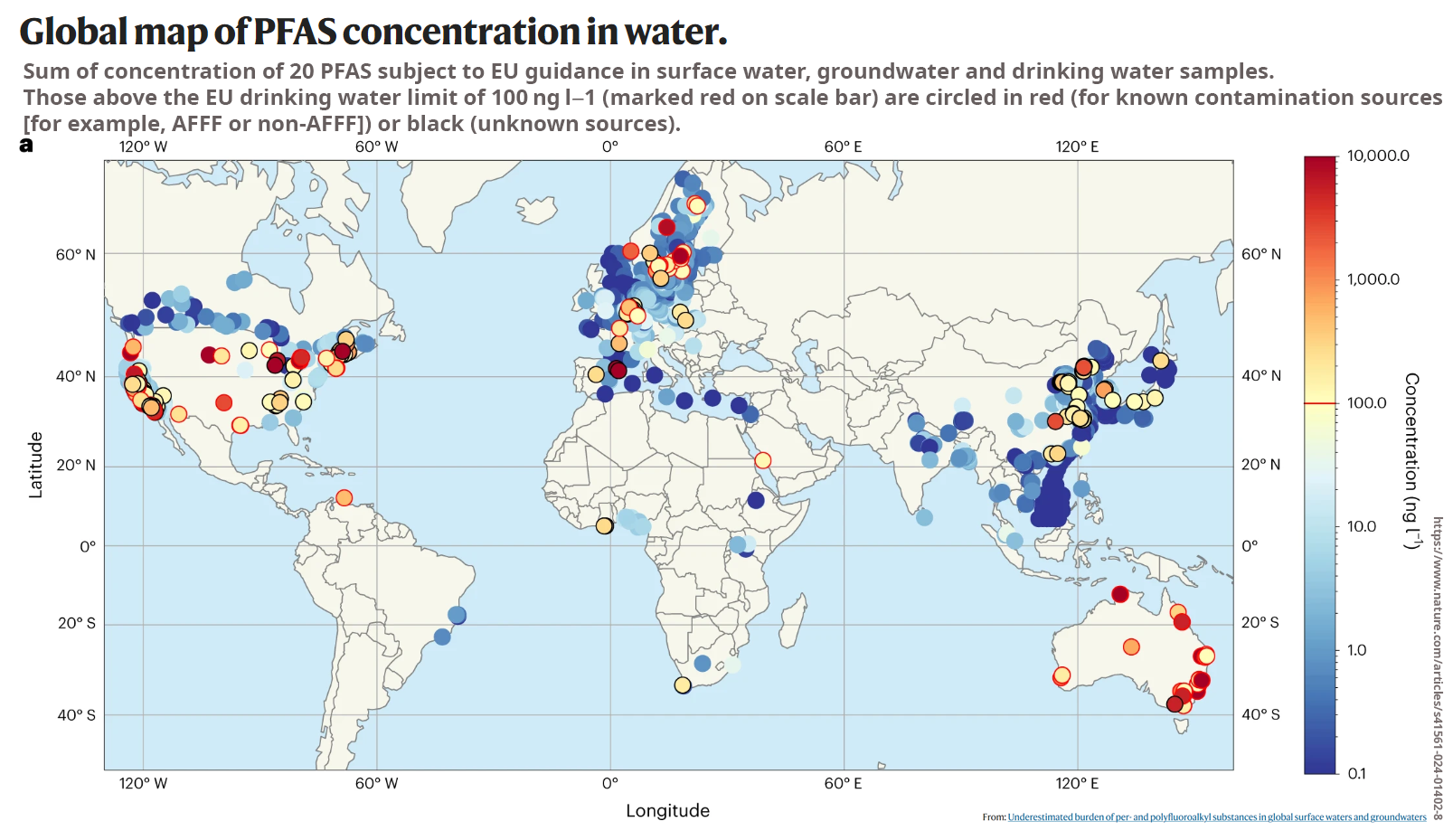 World map with colored dots indicating PFAS contamination levels in water samples.