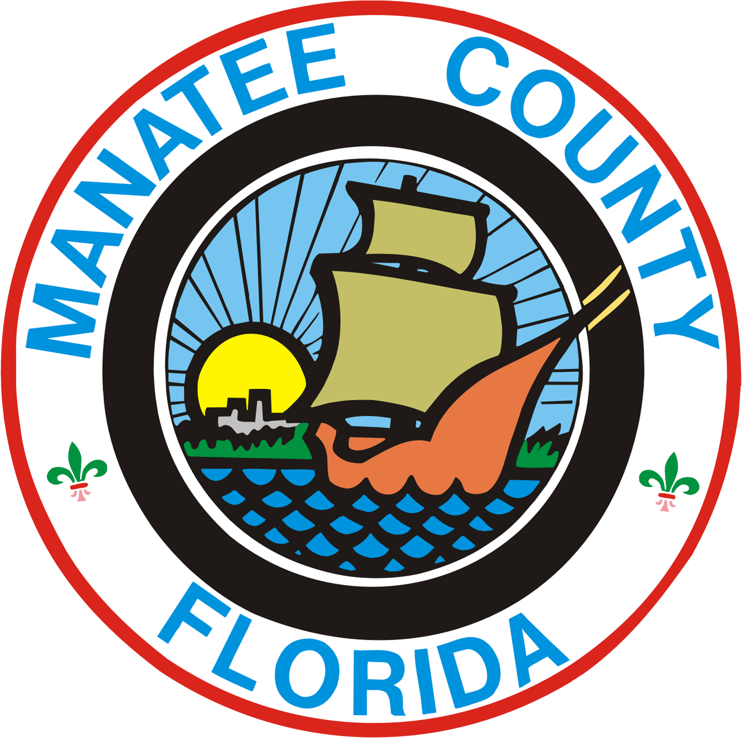 Circular government seal reading Manatee County Florida with a sailing ship and fort illustration.