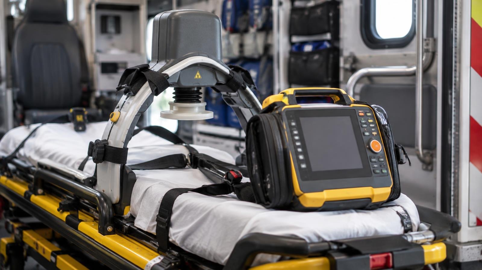 A cardiac defibrillator and mechanical CPR device on a stretcher inside an ambulance.