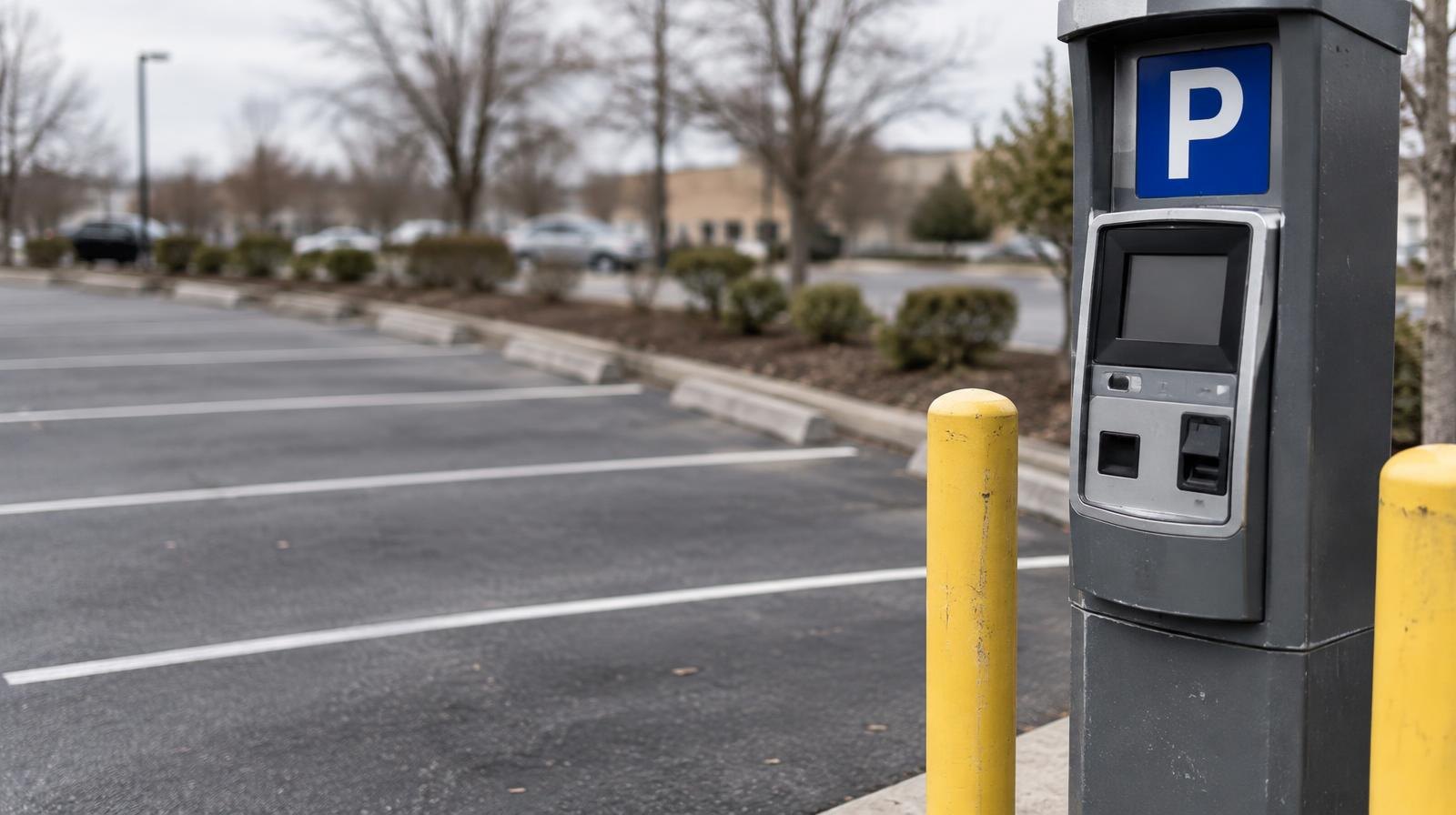 Empty asphalt parking lot with white painted lines and a pay station kiosk.