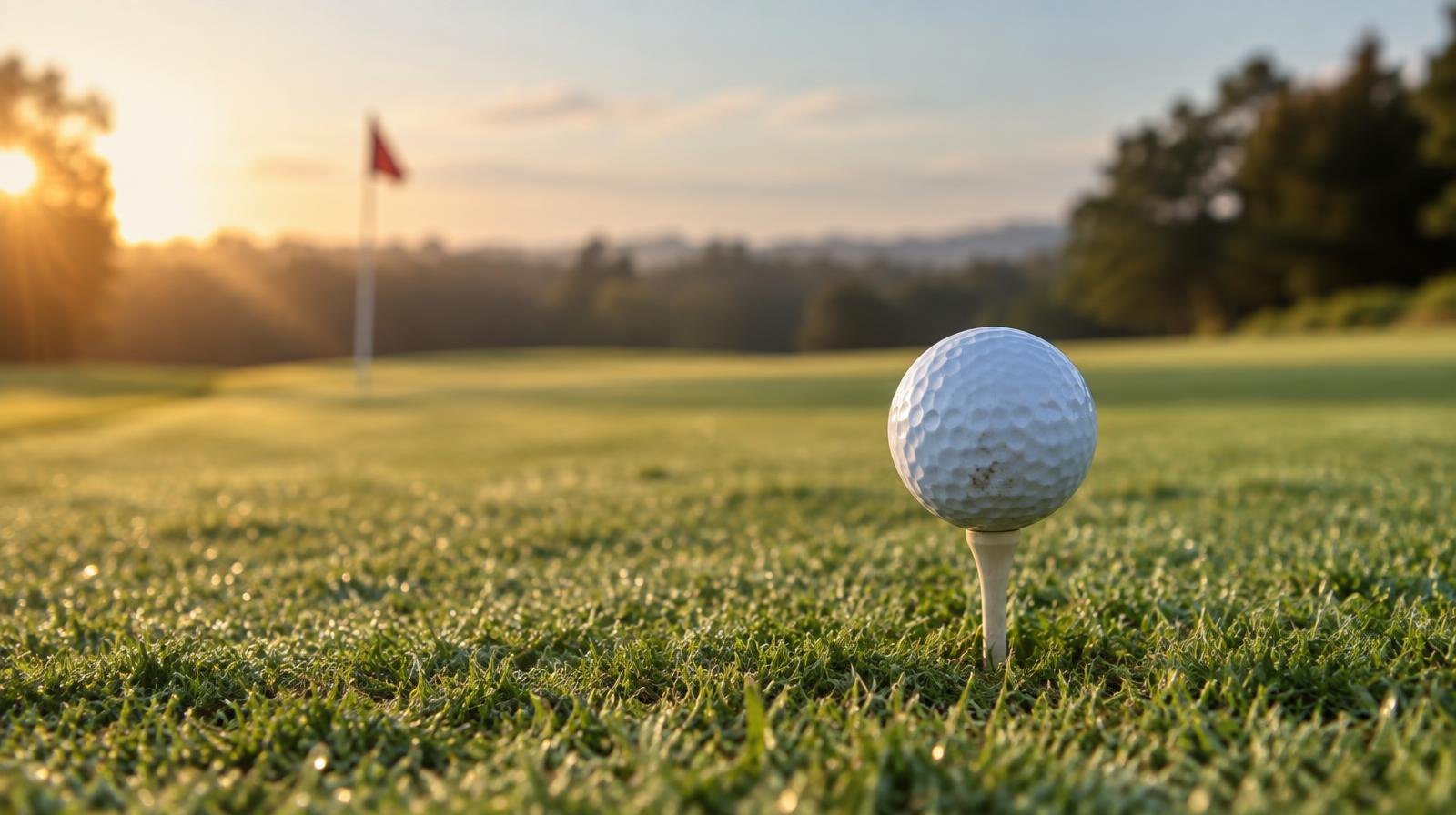 A golf ball on a tee on a green fairway with a distant flag pin in soft morning light.