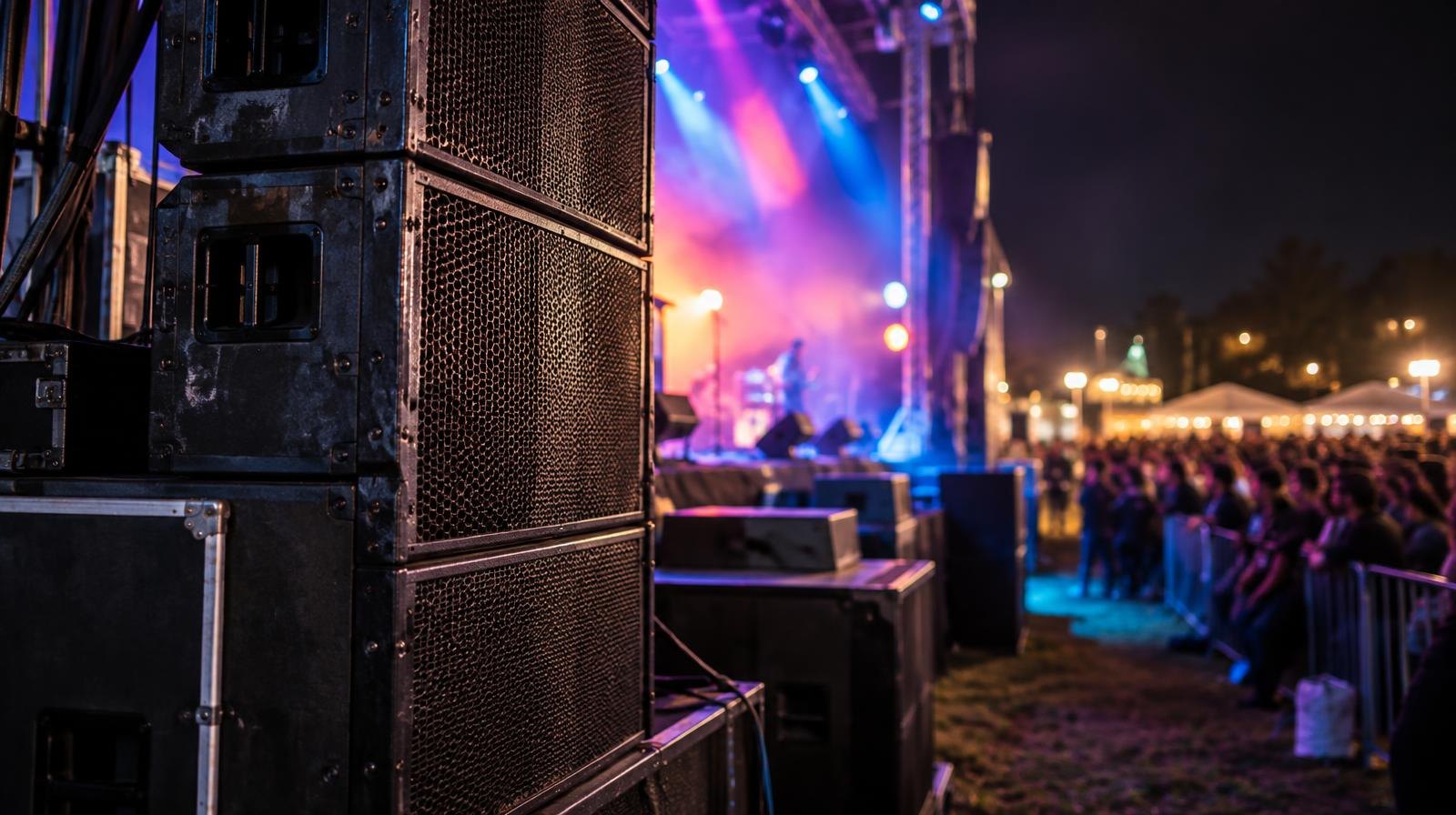 Tall speaker stacks on a concert stage with colorful lights shining over a crowd.