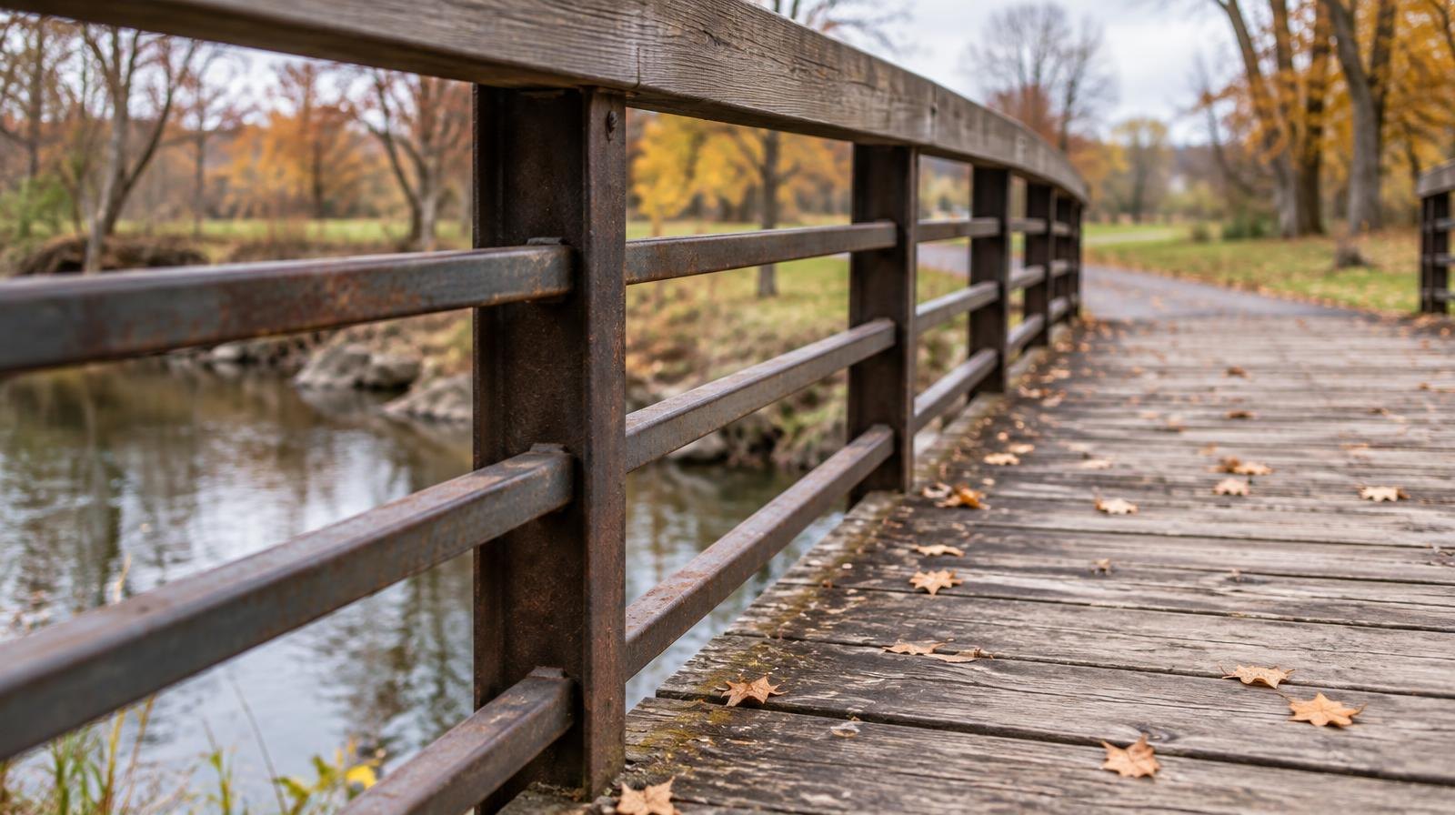 Weathered wooden bridge deck with metal railings over a calm stream in a park.